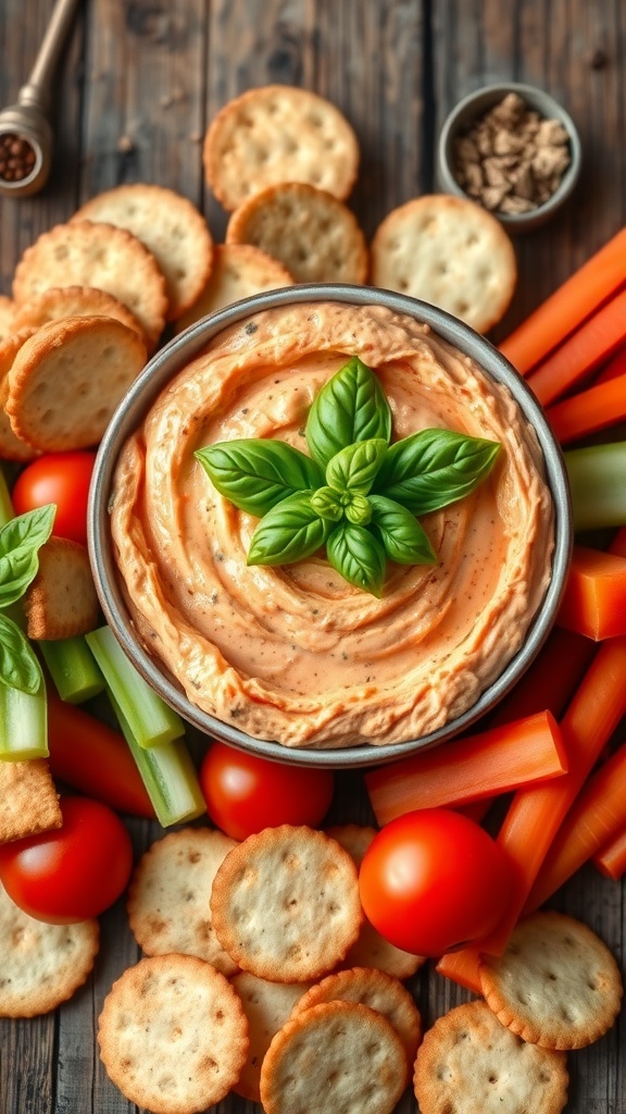 Creamy Tomato Basil Dip Recipe Creamy tomato basil dip in a bowl with fresh vegetables and crackers on a wooden table.
